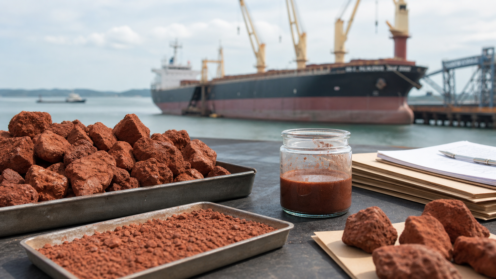 Bauxite ore and fine samples with dry bulk shipment context