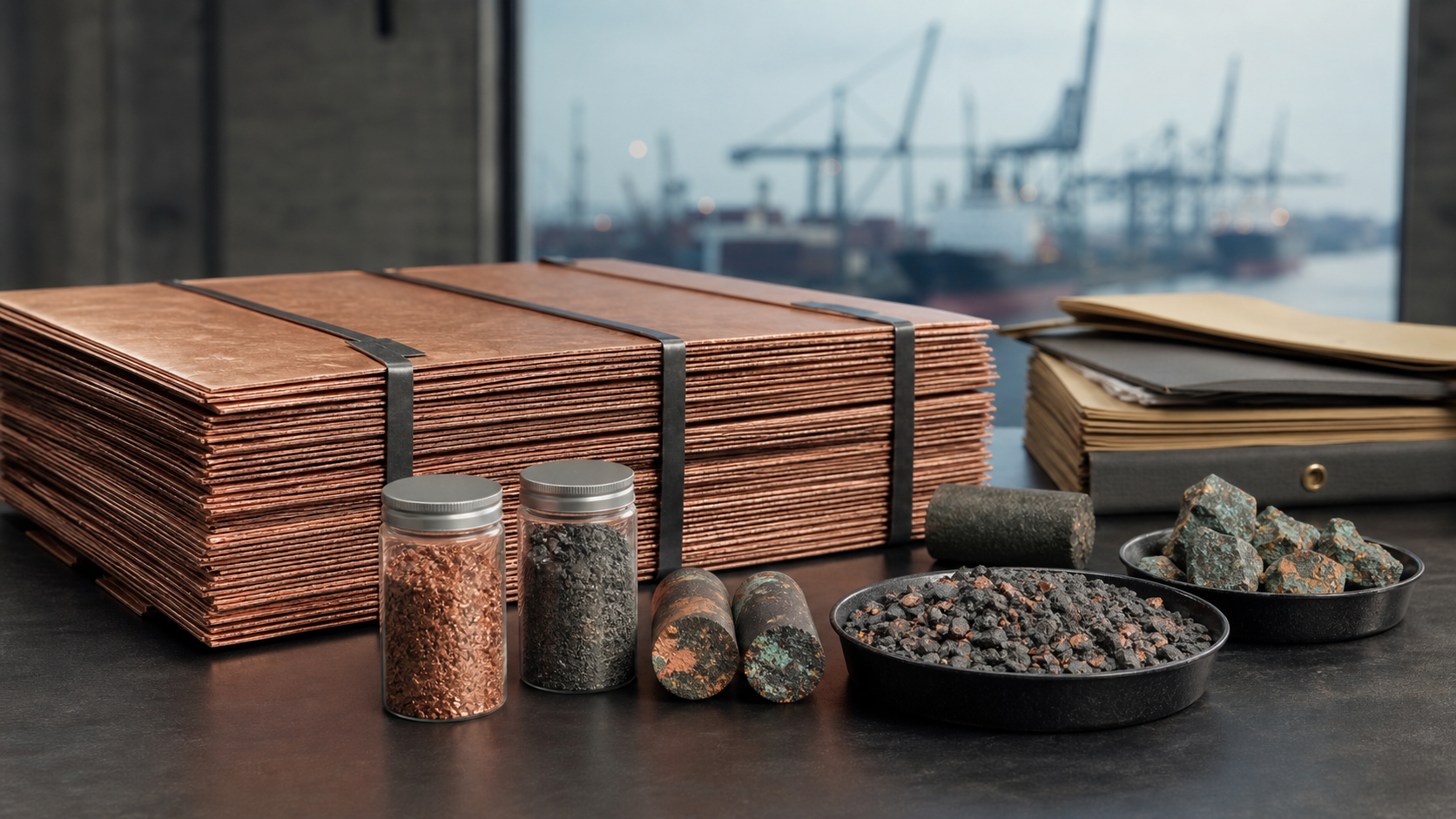 Copper cathodes and ore samples prepared for commodity review