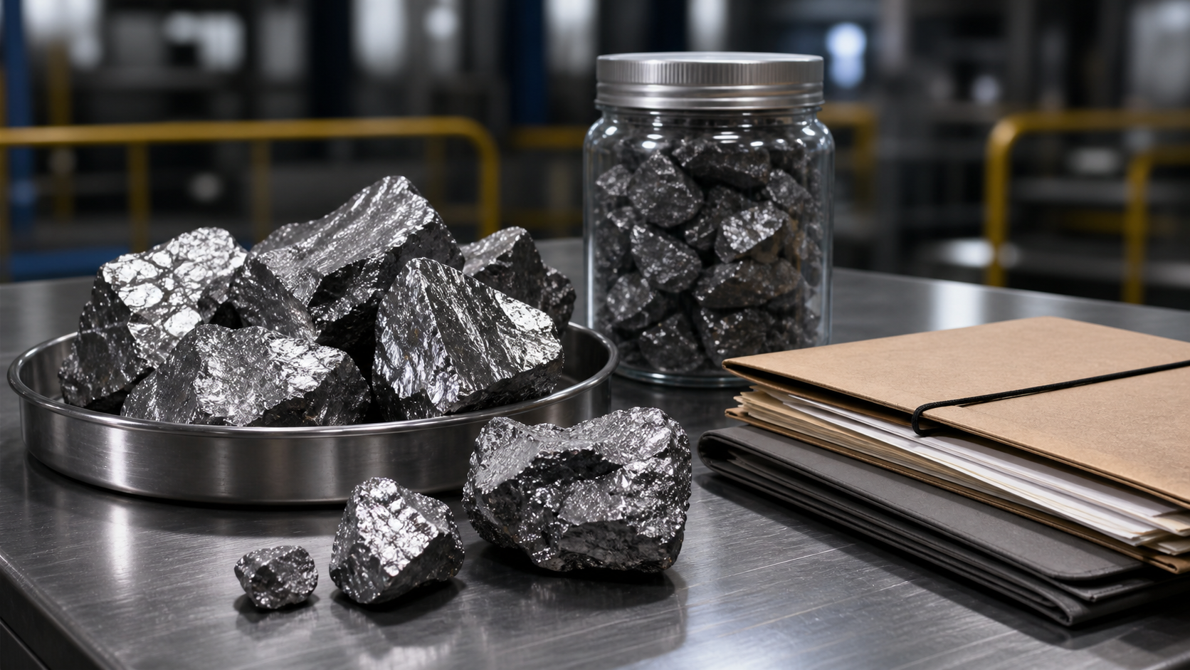 Ferrochrome alloy pieces and sample jar on an industrial inspection table