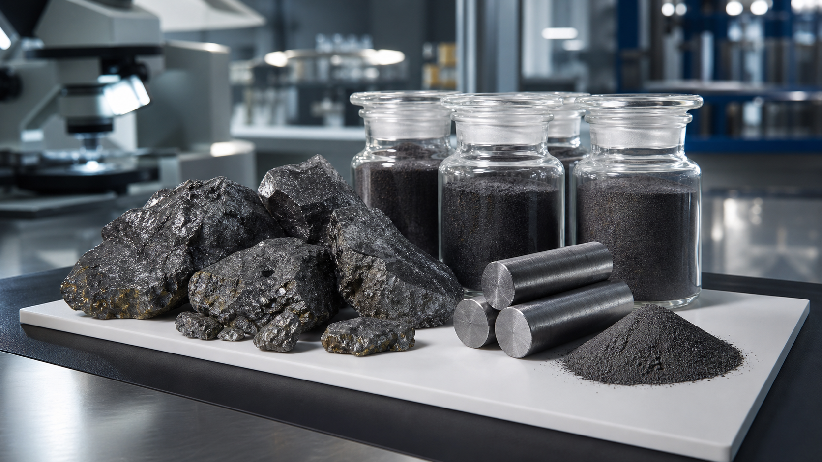 Tungsten concentrate, ore samples, and metal rods in a technical lab setting