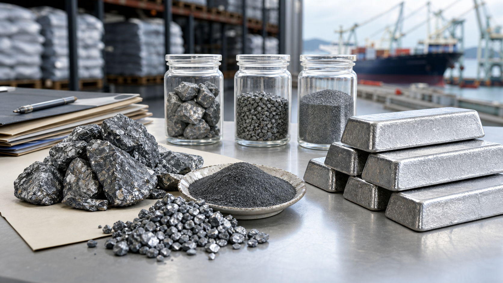 Zinc ore samples, concentrate jars, and zinc ingots on an inspection table