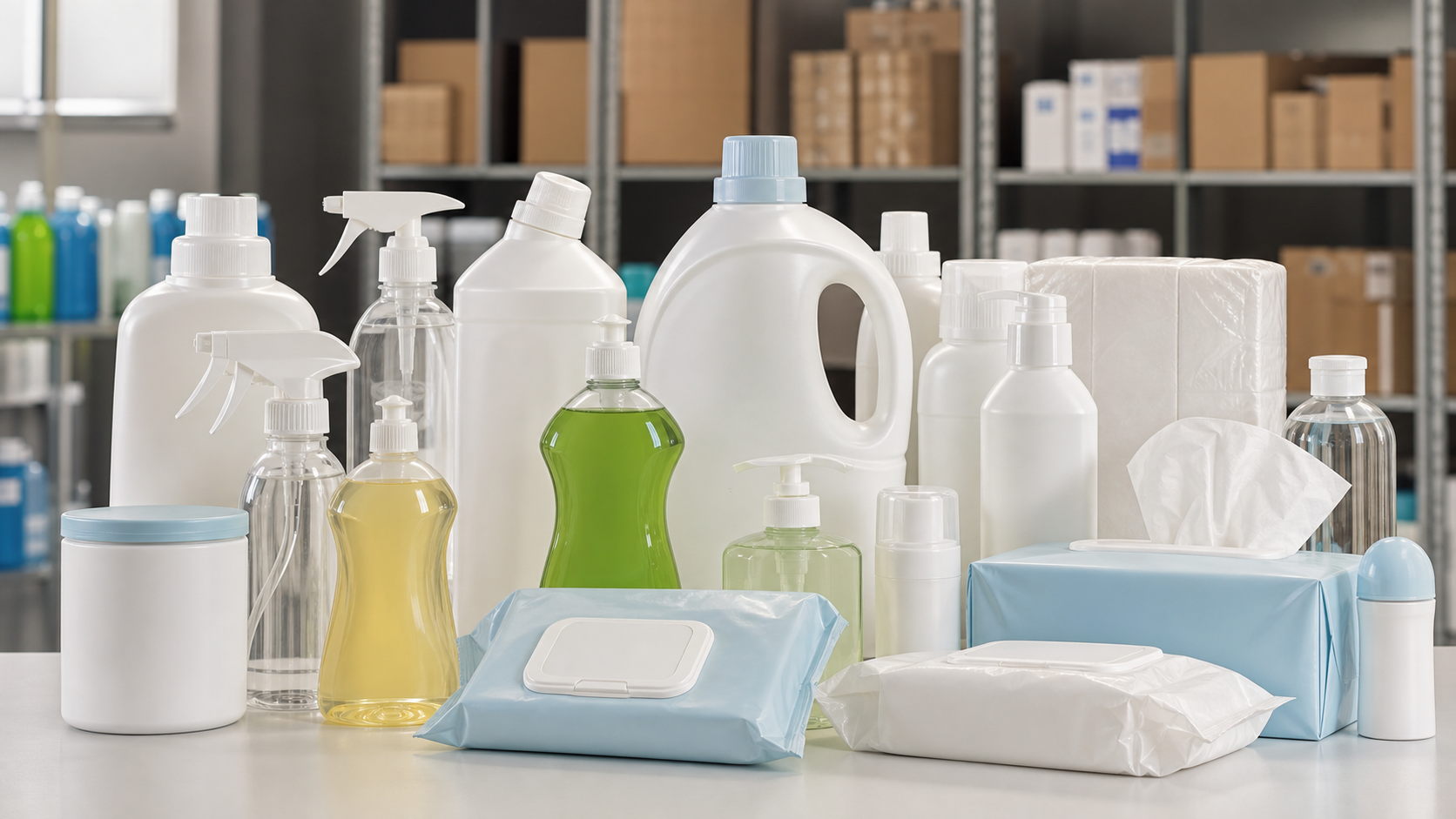 Household cleaning and hygiene products arranged in a retail review setting