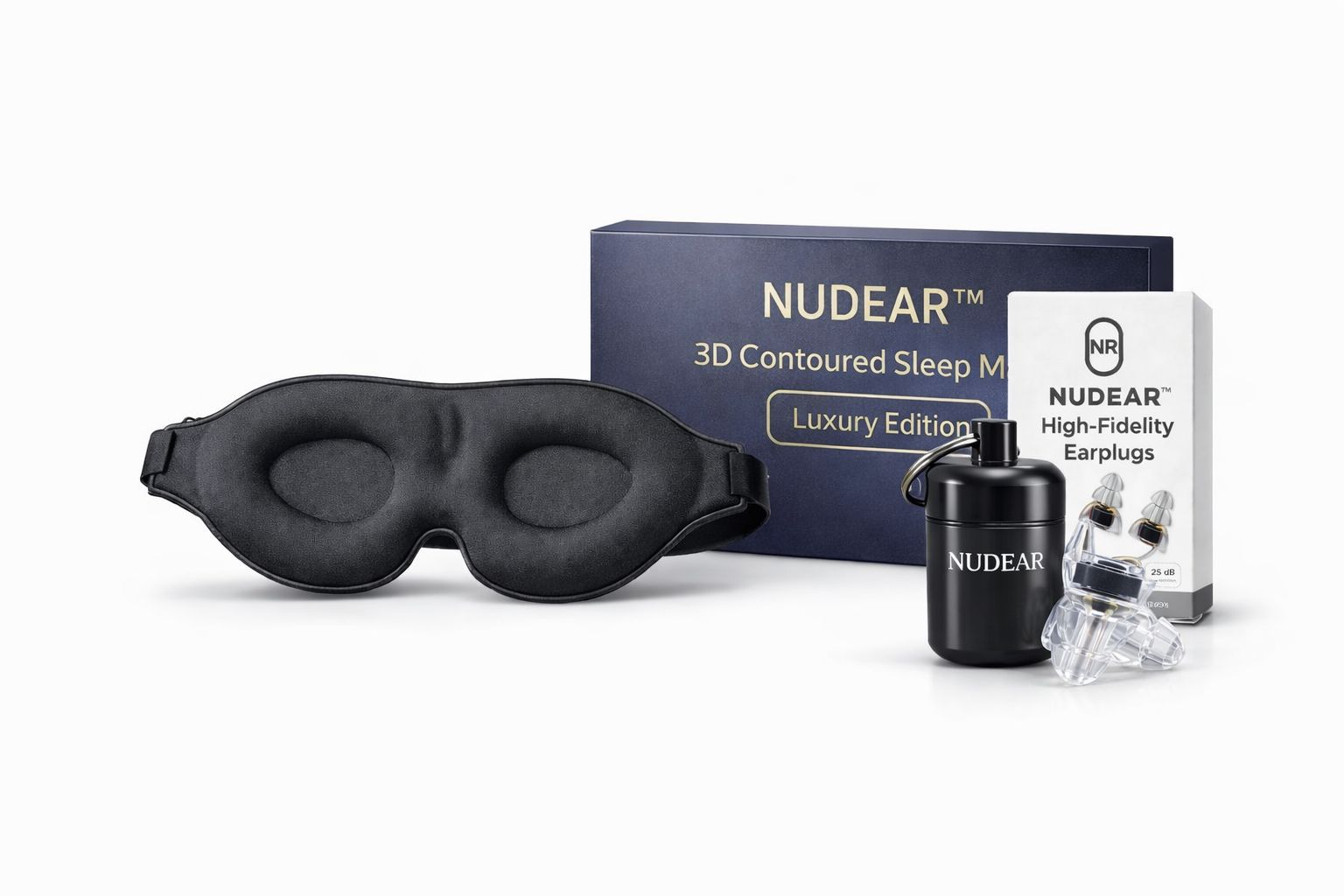 NUDEAR Luxury Sleep Bundle with sleep mask, earplugs, and packaging
