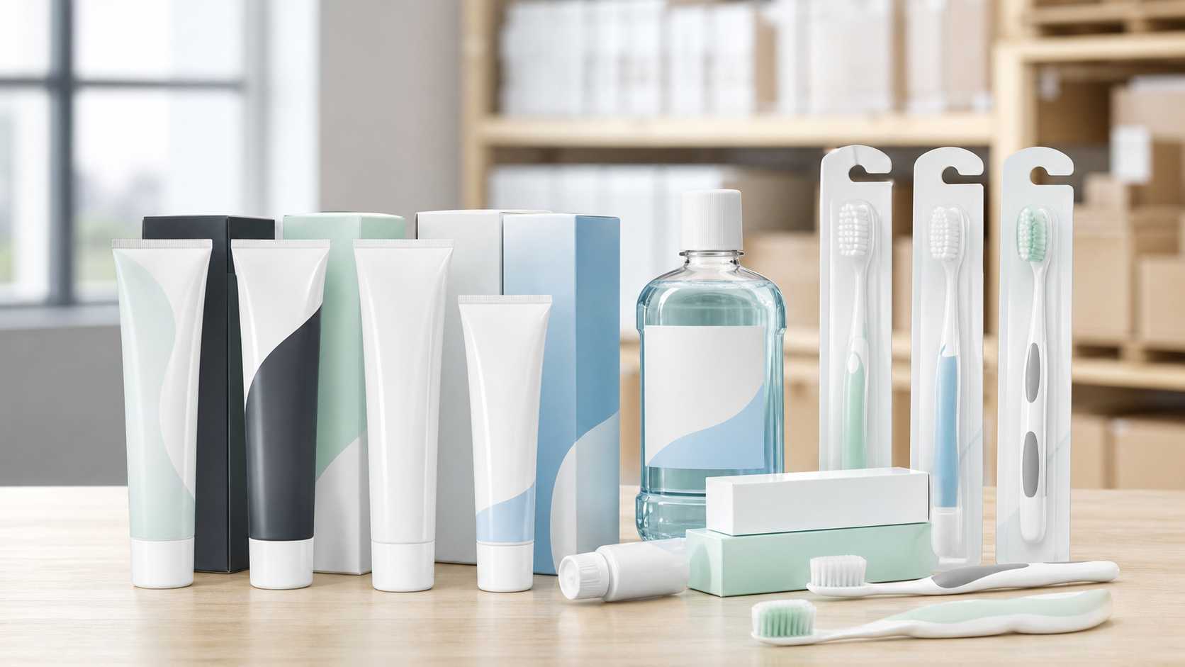 Oral care tubes, toothbrushes, mouthwash, and packaging arranged for buyer review