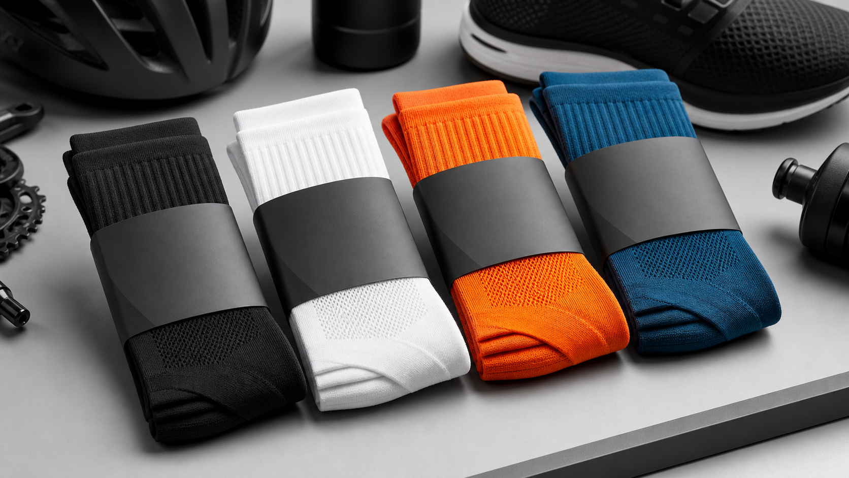 Performance socks in multiple colorways arranged as a private label product line