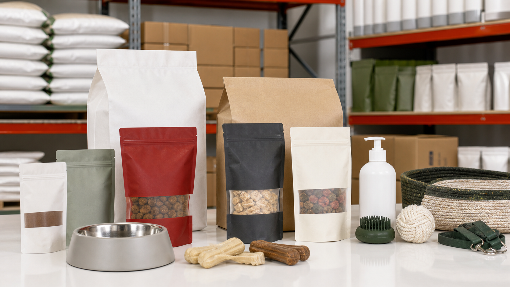 Pet food, treats, grooming, and pet accessories arranged for distribution review